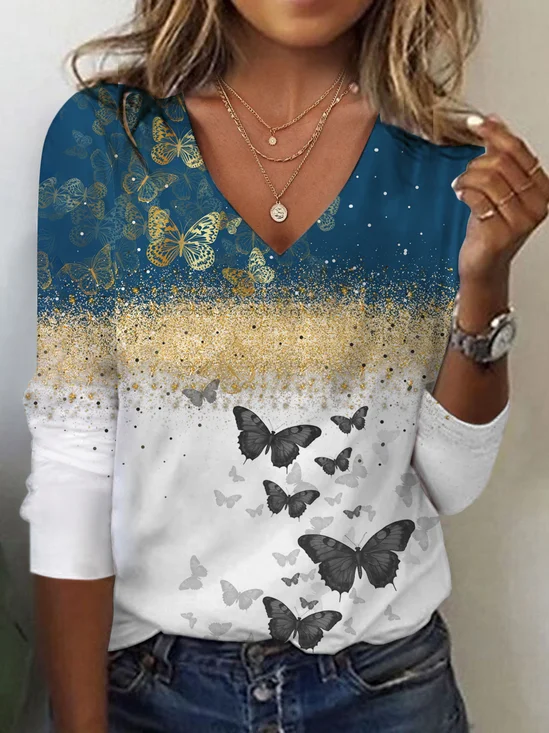 Women's Long Sleeve T-shirt Spring/Fall Blue Butterfly Jersey V Neck Daily Going Out Casual Top