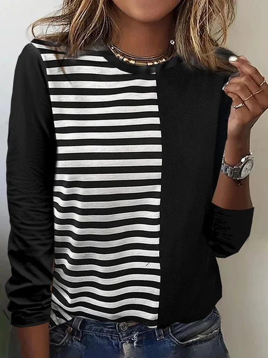 Black and white striped printed round neck long sleeved casual T-shirt