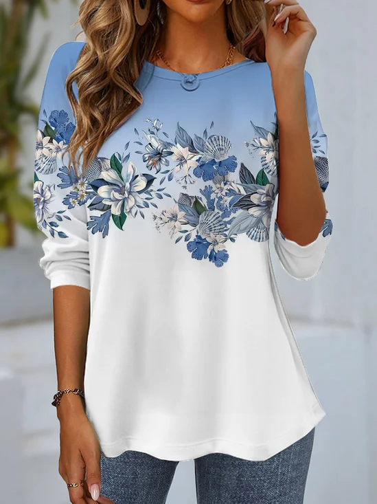 Women's Long Sleeve T-shirt Spring/Fall Blue Floral Jersey Crew Neck Daily Going Out Casual Top