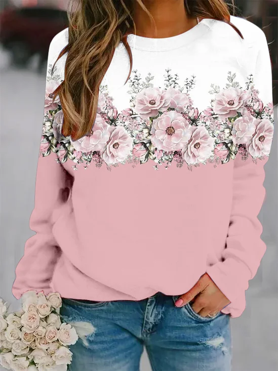 Crew Neck Casual Loose Floral Sweatshirt