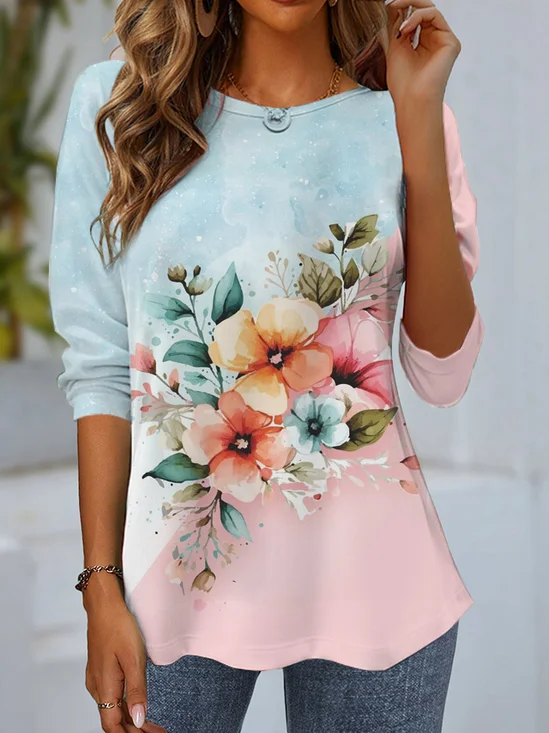 Women's Long Sleeve T-shirt Spring/Fall Pink Floral Jersey Crew Neck Daily Going Out Casual Top