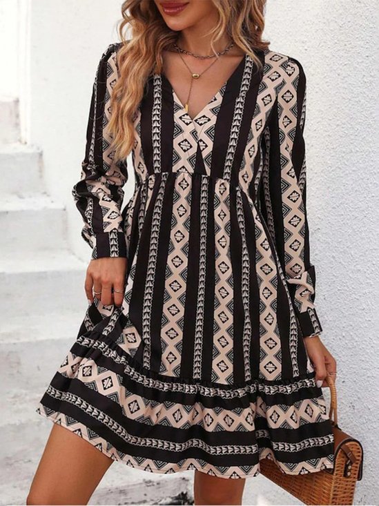 Women's Long Sleeve Spring/Fall Black Ethnic Printing V Neck Party Going Out Ethnic Midi A-Line Dress