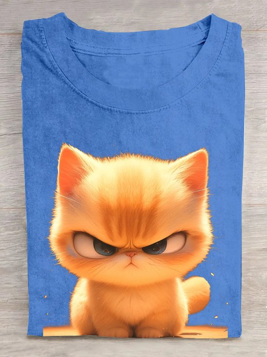 Casual Crew Neck Loose Cat T-Shirt