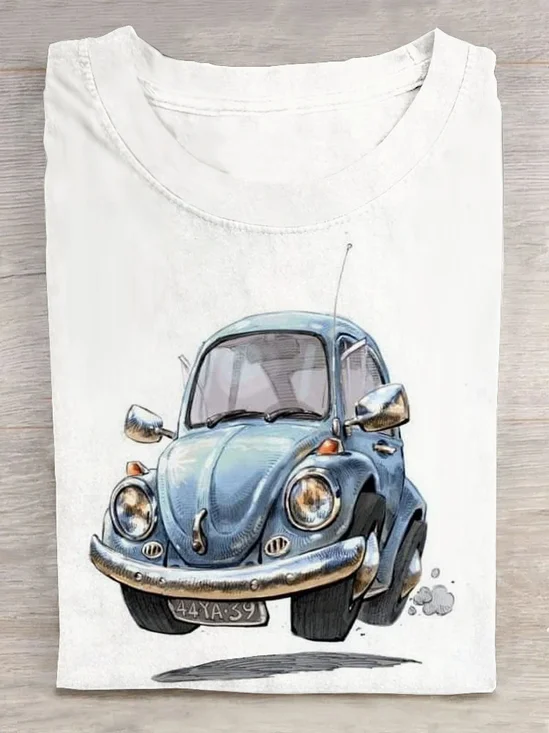 Fun car printed round neck T-shirt