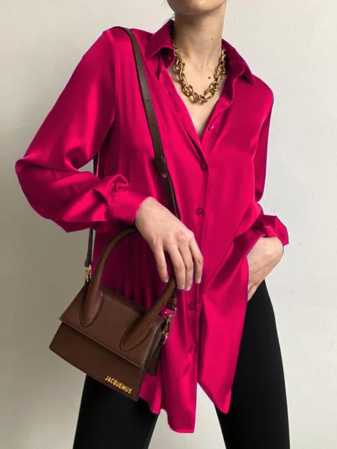 Women's Long Sleeve Shirt Spring/Fall Deep Pink Plain Shirt Collar Daily Going Out Casual Top