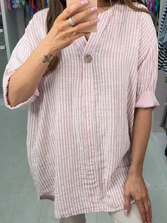 Women's Striped Cotton And Linen V Neck Daily Casual Top