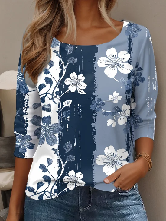 Women's Long Sleeve T-shirt Spring/Fall Blue Floral Jersey Crew Neck Daily Going Out Casual Top