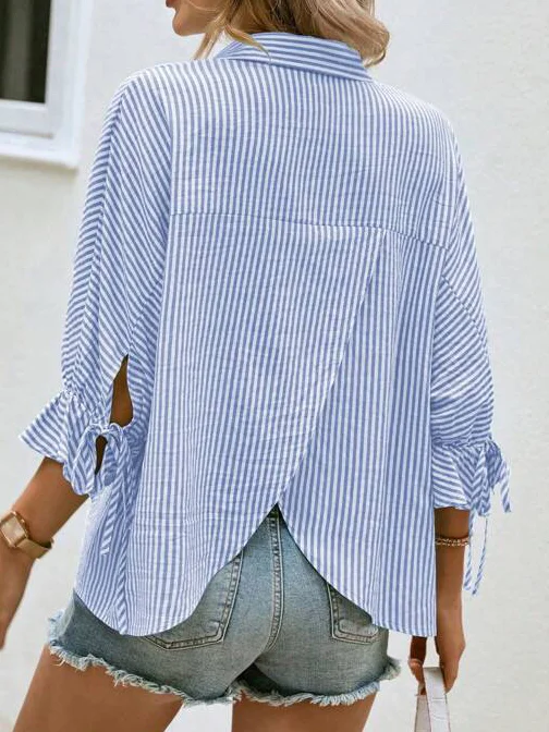 Striped Cross Casual Shawl Collar Blouse