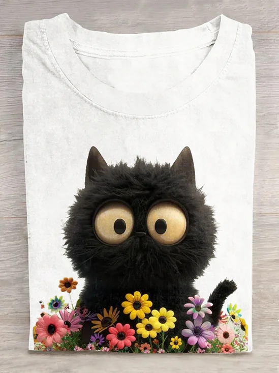 Crew Neck Casual Cat Loose T-Shirt