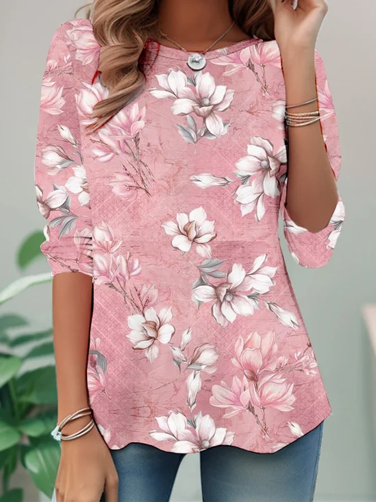 Casual Floral Jersey Crew Neck T-Shirt