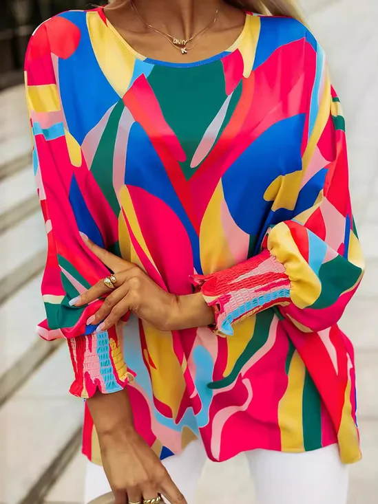 Loose Geometric Crew Neck Casual Blouse