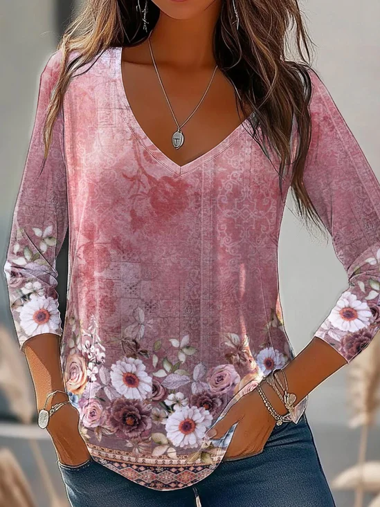 Women's Long Sleeve T-shirt Spring/Fall Pink Floral Jersey V Neck Daily Going Out Casual Top