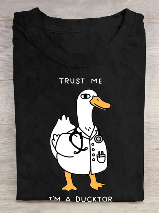 Duck Letter Pattern Cotton Crew Neck Casual T-Shirt