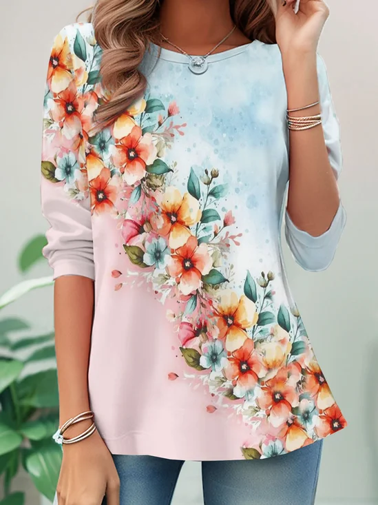 Floral print round neck casual long sleeved T-shirt