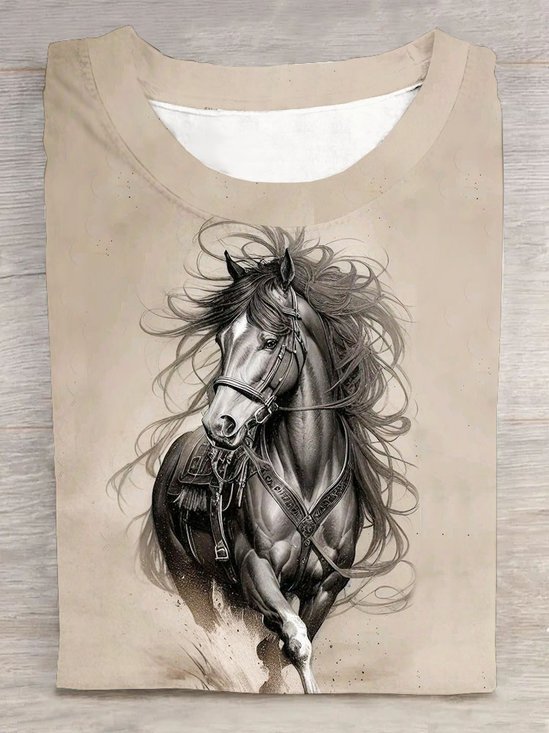 Horse print round neck long sleeved casual T-shirt