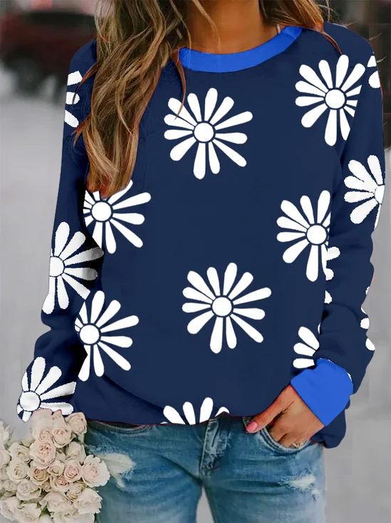 Contrast Stitching Floral Loose Crew Neck Casual Sweatshirt