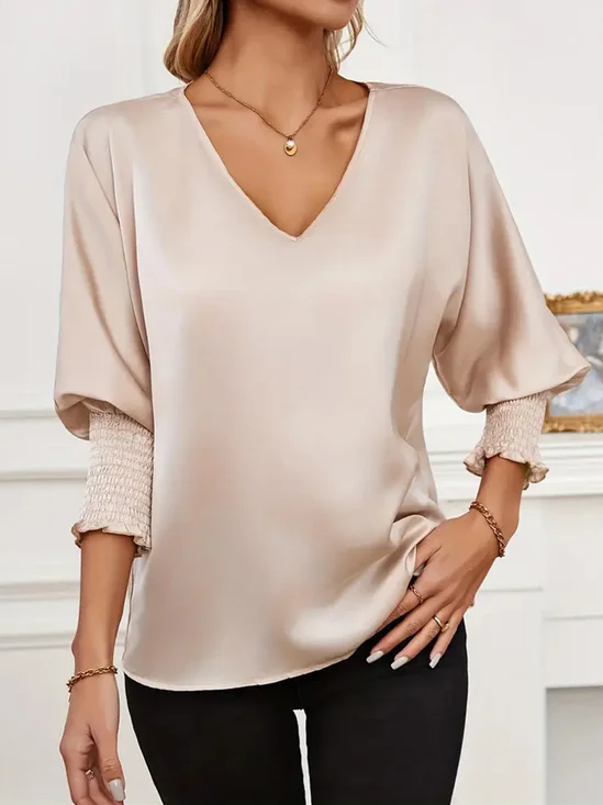 Women's Long Sleeve Blouse Spring/Fall Apricot Plain V Neck Daily Going Out Casual Top