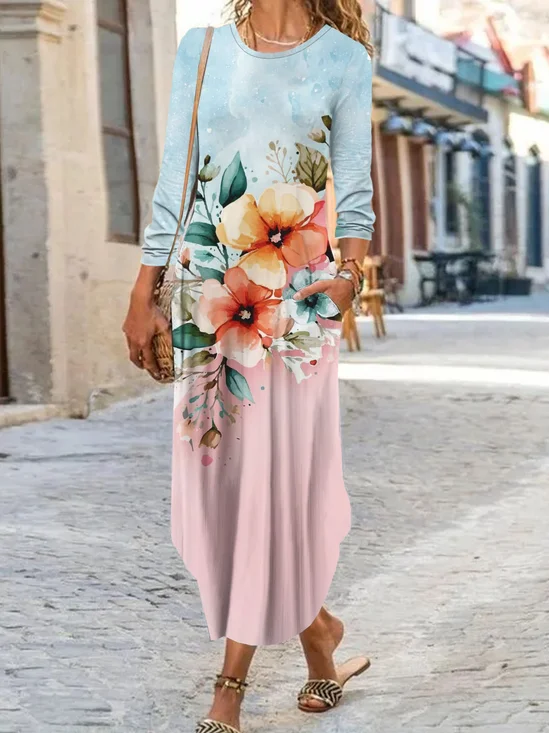 Floral printed round neck casual dress