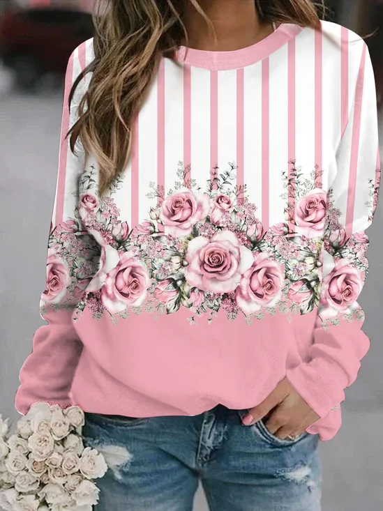 Striped floral print long sleeved round neck sweatshirt