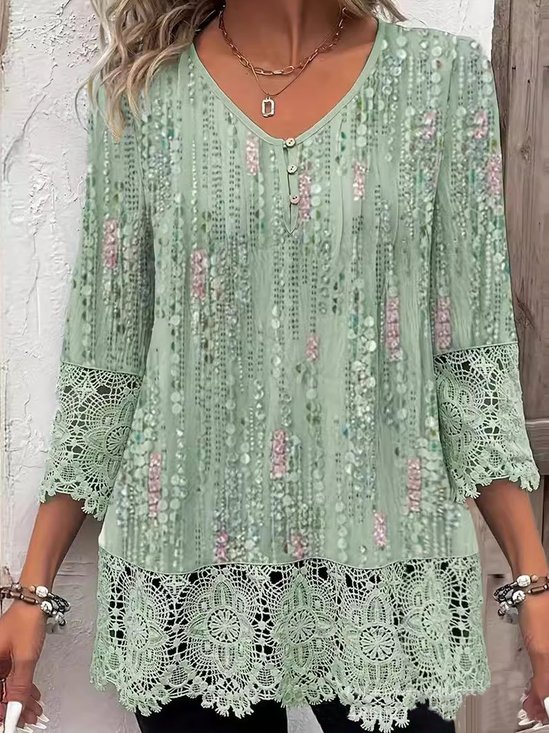 V Neck Lace Floral Casual Blouse