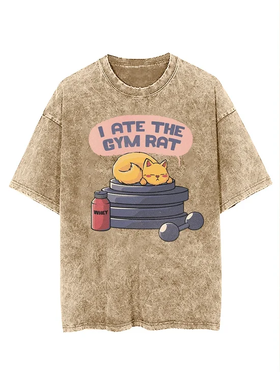 Funny Stealing Lazy Cat Printed Washed T-shirt