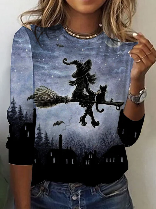 Halloween Witch Print Long Sleeve T-Shirt