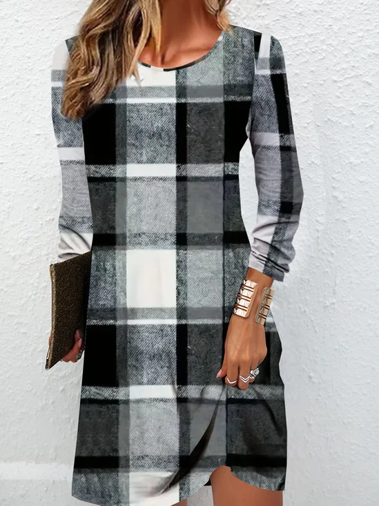 Plaid printed round neck casual dress