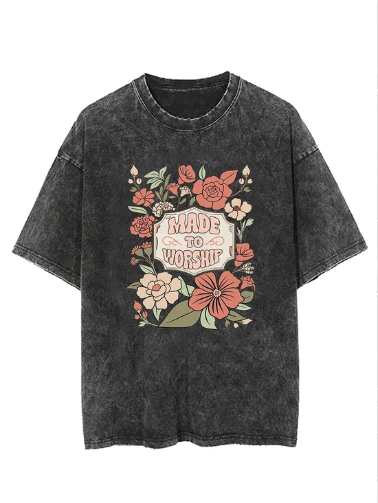 Flower text letter printed casual wash T-shirt