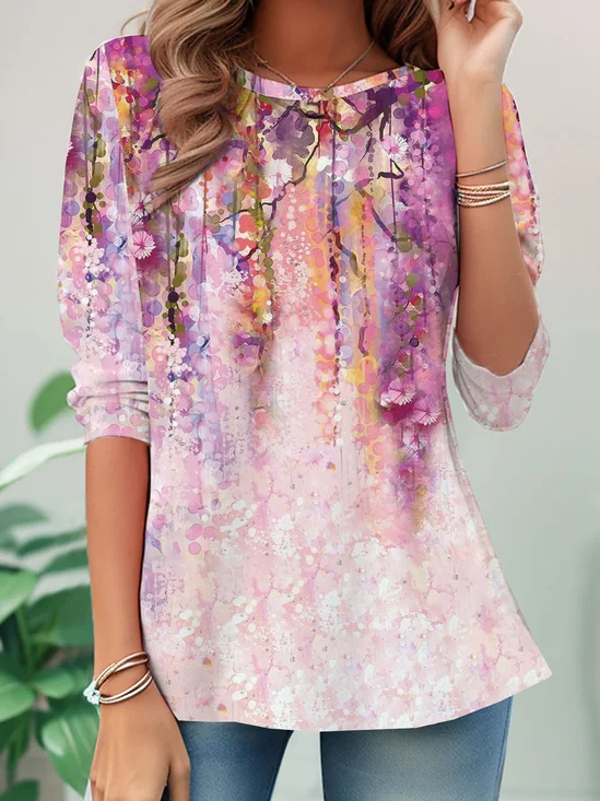 Floral print casual round neck long sleeved women's T-shirt