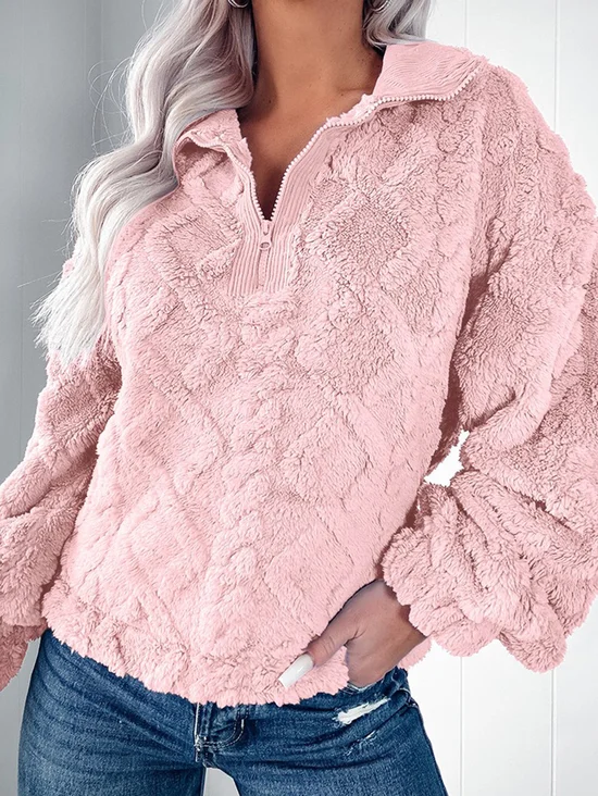 Zipper V Neck Loose Casual Sweatshirt