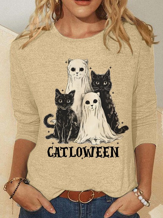 Catloween Funny Halloween Casual Long Sleeve Shirt