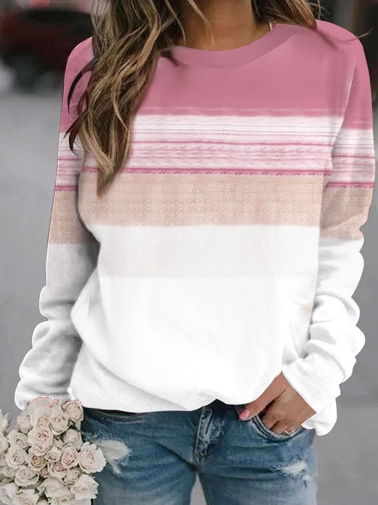 Pink geometric print women's casual long sleeved round neck pullover sweatshirt