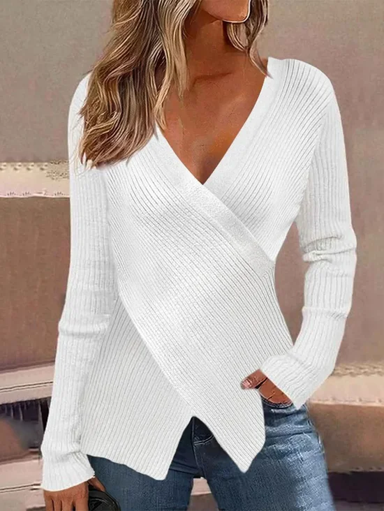 Cross Neck Plain Cross Casual Sweater