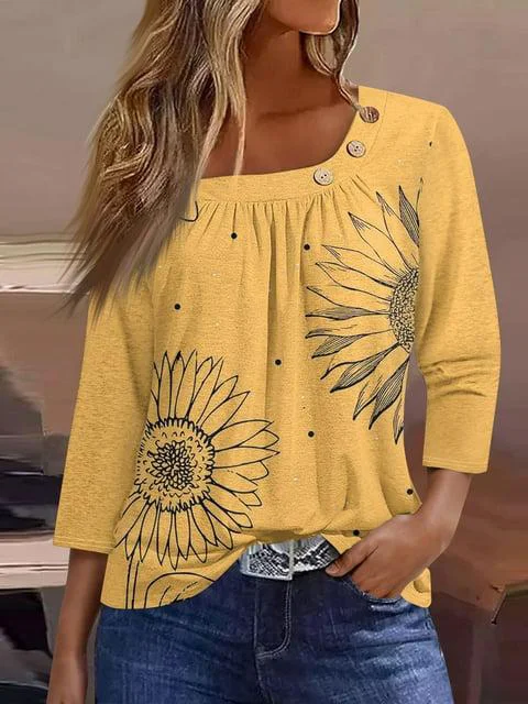 Casual Floral Knitted Buckle T-Shirt