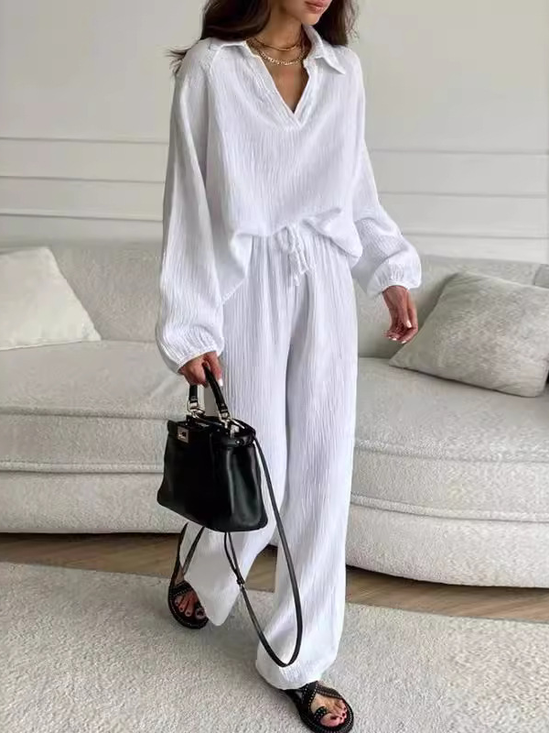 Women's Plain Daily Going Out Two-Piece Set White Casual Spring/Fall Top With Pants Matching Set