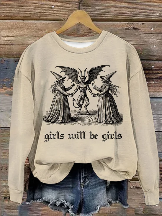 Girls Will Be Girls Witch Vintage Halloween Loose Casual Crew Neck Cotton Sweatshirt