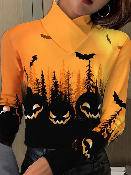 Halloween Pumpkin Cross Neck Long Sleeve T-Shirt