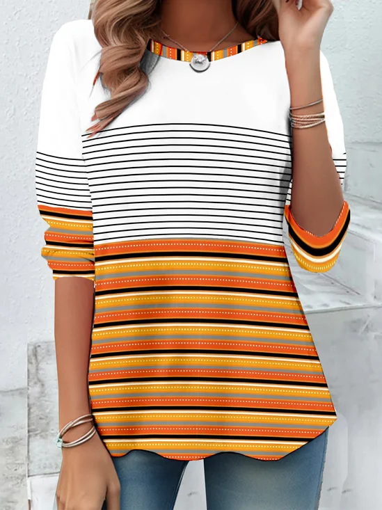 Loose Casual Crew Neck Halloween Striped T-Shirt