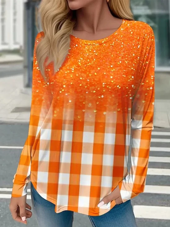 Plaid Printed Crew Neck Casual T-Shirt