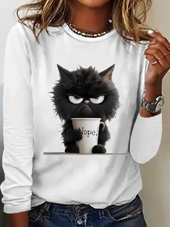 Funny Cat Nope Casual Long Sleeve Shirt