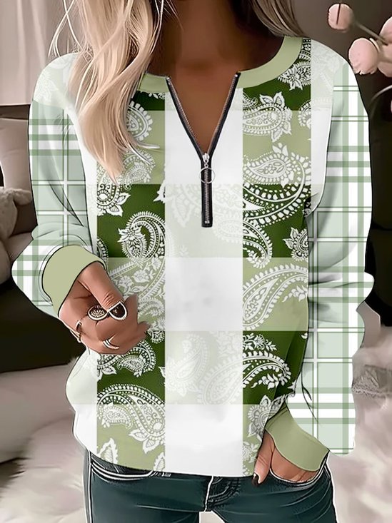 Plaid Zipper Loose Casual Sweatshirt