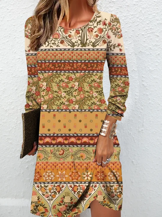 Floral ethnic pattern printed round neck casual long sleeved women's dress