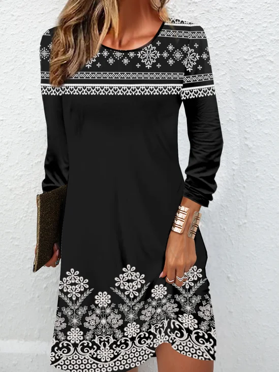 Ethnic print round neck casual long sleeved women's dress