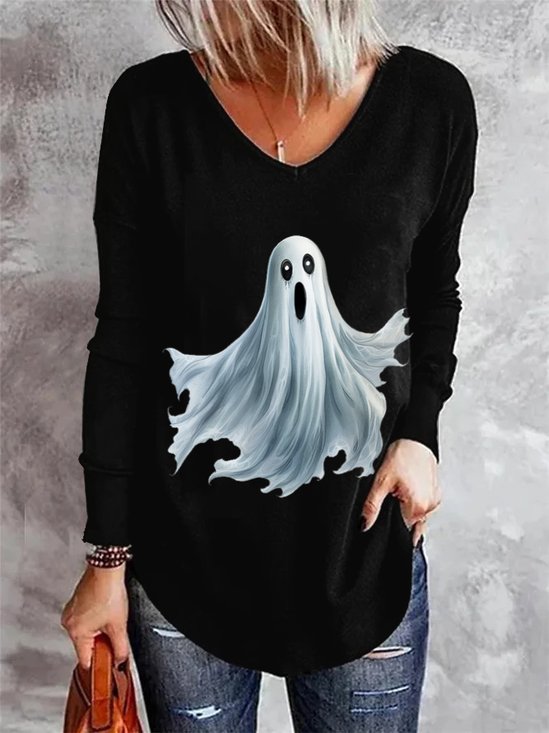 Casual Halloween Ghost  V Neck Loose T-Shirt