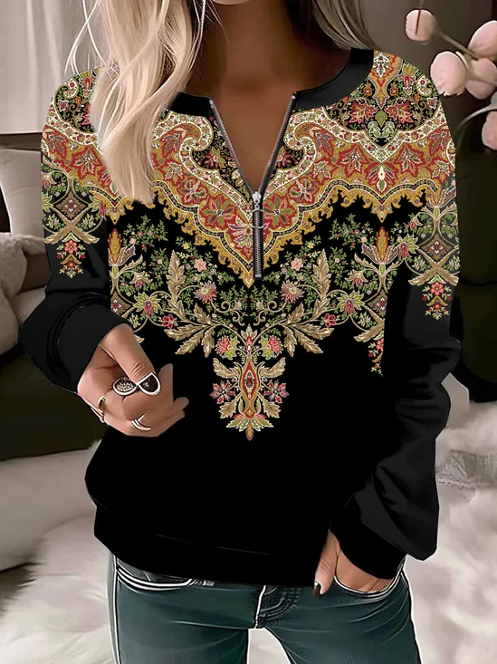 Ethnic print zipper casual long sleeved women's pullover sweatshirt