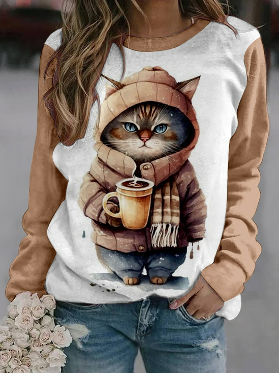 Cat Loose Casual Crew Neck Sweatshirt