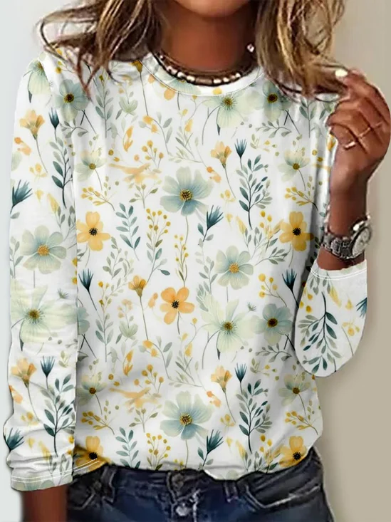 Casual Floral Jersey Crew Neck T-Shirt