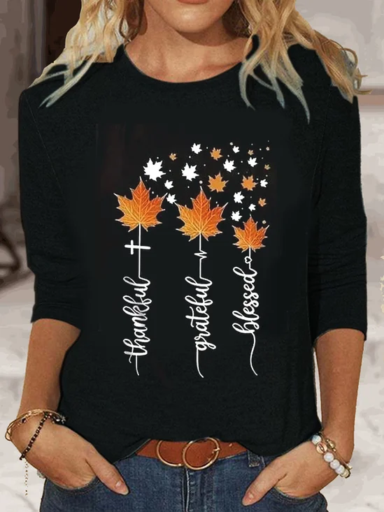 Maple Leaf Printed Casual Round Neck Women's T-shirt