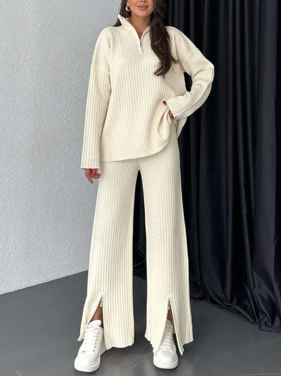 Knitted Plain Half Open Collar Casual Two-Piece Set