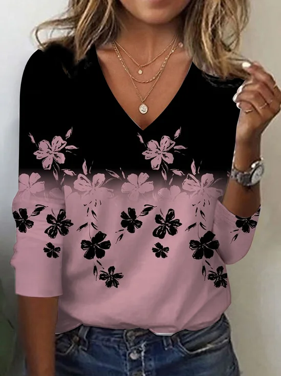 Women's Long Sleeve T-shirt Spring/Fall Black Floral Jersey V Neck Daily Going Out Casual Top